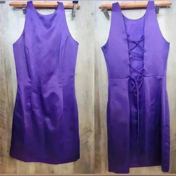 Jessica Mcclintock for Gunne Sax 70s Purple Satin Halter Tie Up Mini Dress 7 - Picture 1 of 9